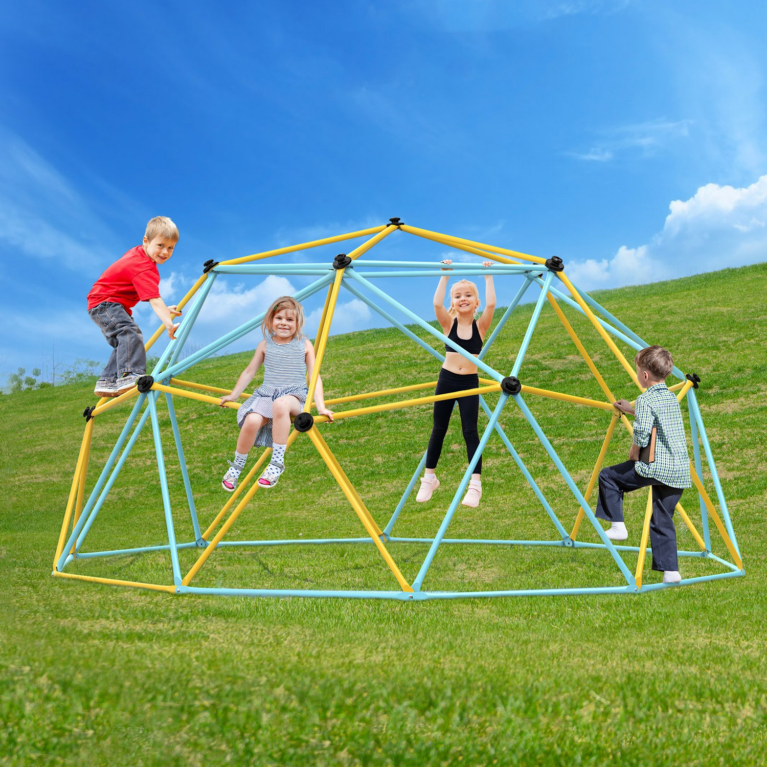 Start2Finish VEVOR 12FT climbing dome for kids, outdoor jungle gym with climbing grips, supports 750LBS, easy to assemble.