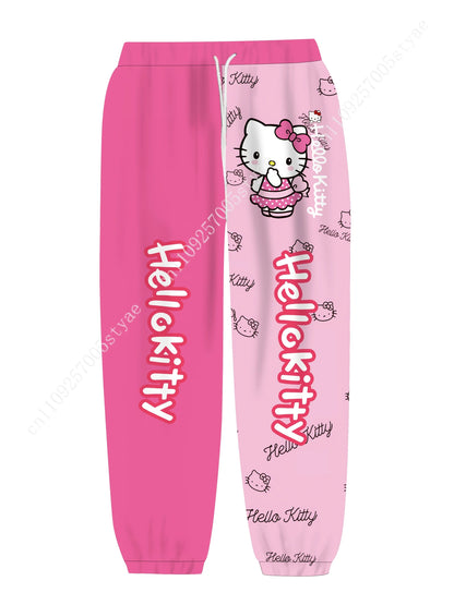Hot Pink Light Pink Split‑Color Hello Kitty Long Pants Cartoon Polka‑Dot Bow Print Trousers for Lady
