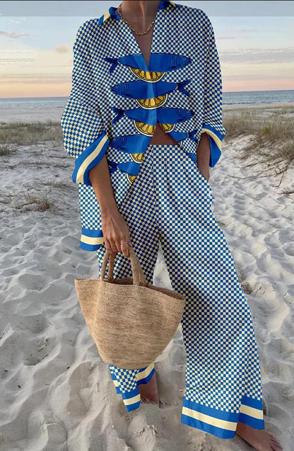 Funny Printed Loose Two Piece Set Women Tropical Beach Holiday Outfits 2024 Casual Lapel Button Shirt Wide Leg Pants Sets