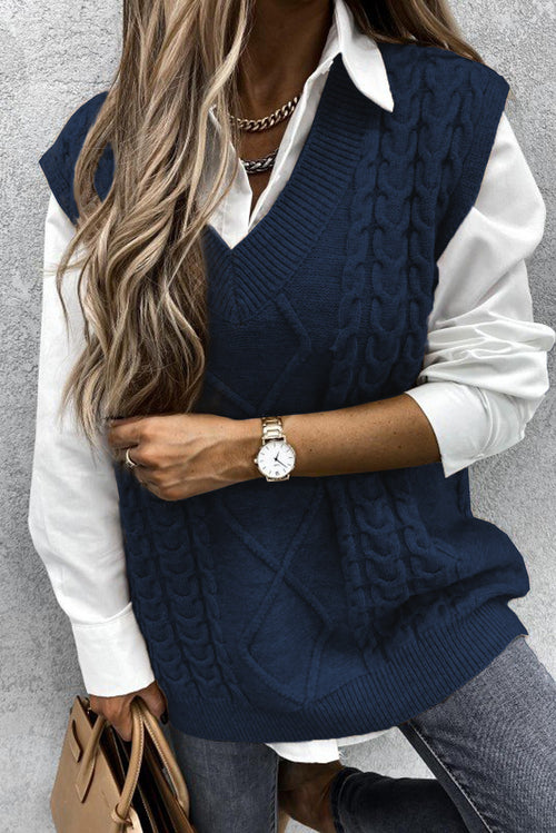 Blue Sleeveless Cable Knitted Sweater Tank