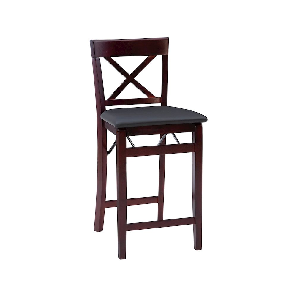 Start2Finish Triena 24-inch X-back folding counter stool with wooden legs and fabric seat, shown in a folded position.