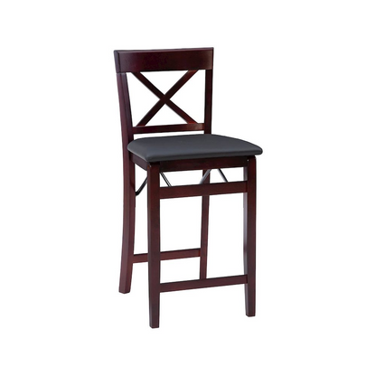 Start2Finish Triena 24-inch X-back folding counter stool with wooden legs and fabric seat, shown in a folded position.