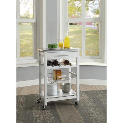 White Clarke kitchen cart by Start2Finish with wood top, storage shelves, and wheels for mobility.