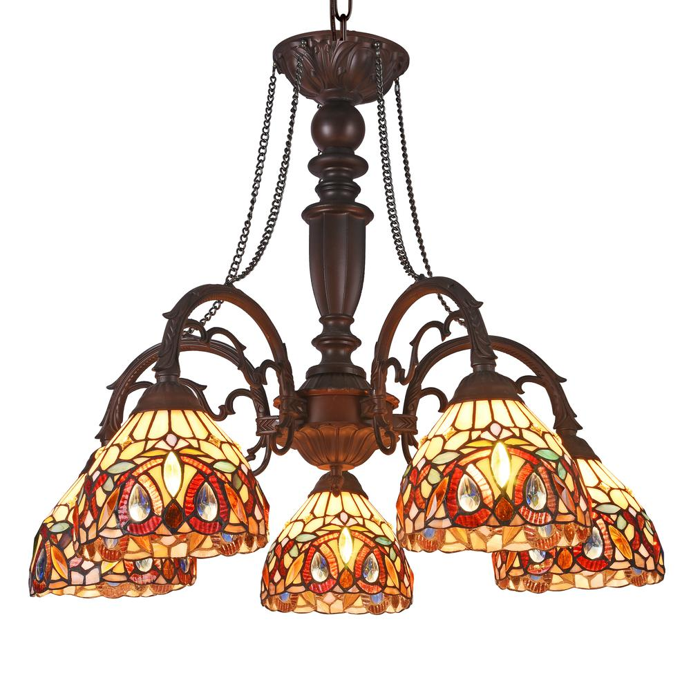 Start2Finish Serenity Tiffany-style 5-light Victorian chandelier, large 27-inch wide with colorful stained glass shades.