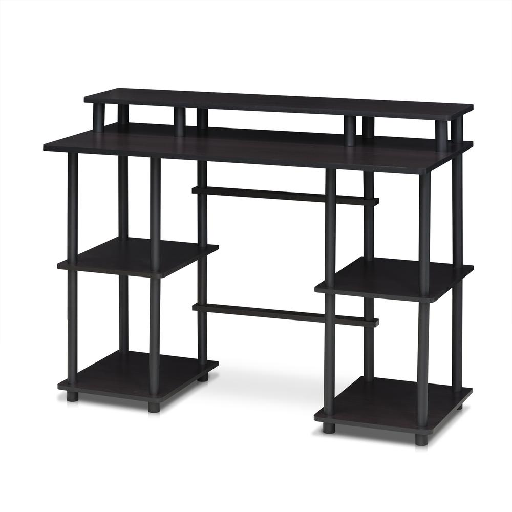Furinno Turn-N-Tube computer desk with top shelf in espresso and black, featuring a compact modern design and open storage space.