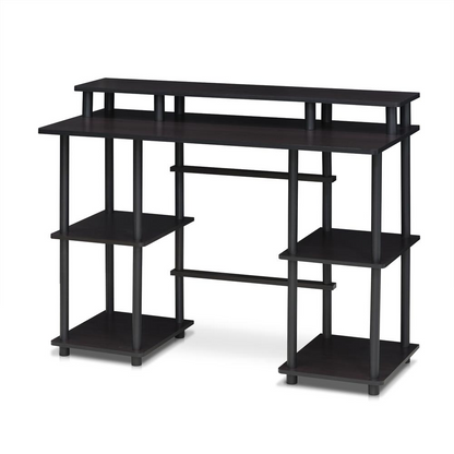 Furinno Turn-N-Tube computer desk with top shelf in espresso and black, featuring a compact modern design and open storage space.