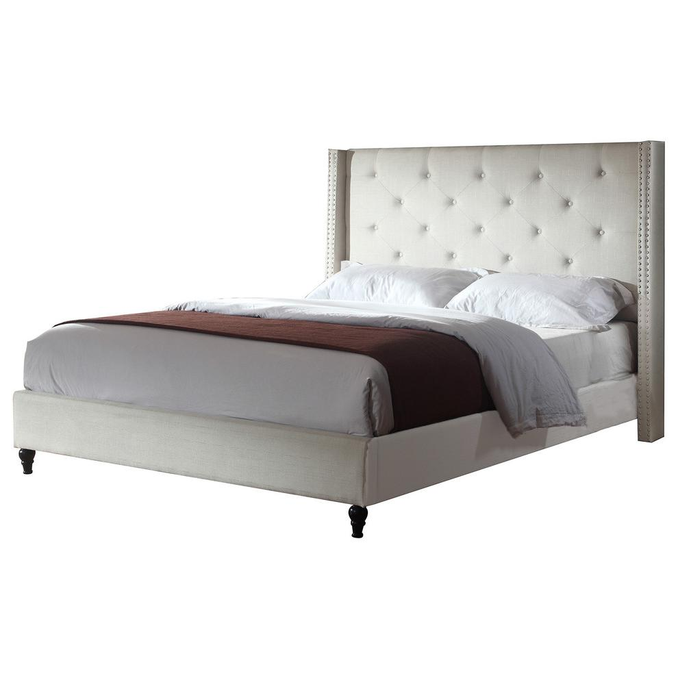 Beige upholstered wingback queen platform bed with fabric, detailed headboard, and sturdy frame from Best Master Valentina by Start2Finish.