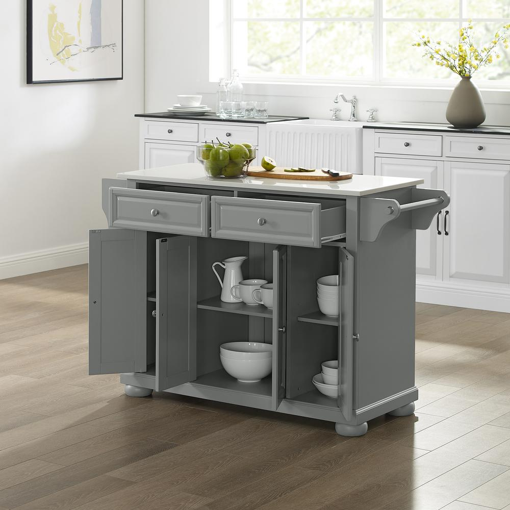 Start2Finish Alexandria stone top full size kitchen island with storage and sturdy wooden frame, ideal for modern kitchen spaces.
