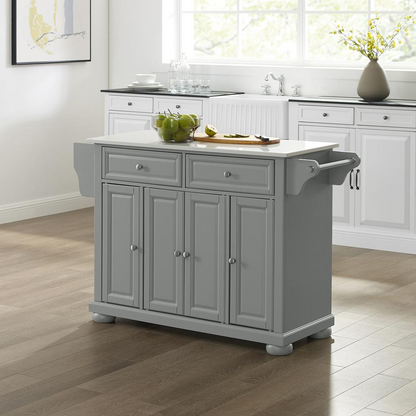 Start2Finish Alexandria stone top full-size kitchen island cart with storage and sturdy wooden legs, ideal for modern kitchens.