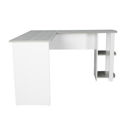 Techni Mobili modern L-shaped desk with side shelves in grey, featuring a spacious workspace and contemporary design.