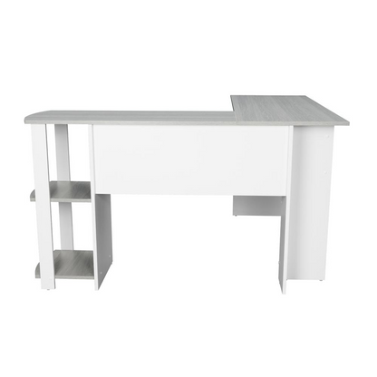 Techni Mobili modern L-shaped desk with side shelves in grey, featuring a sleek design and spacious workspace.