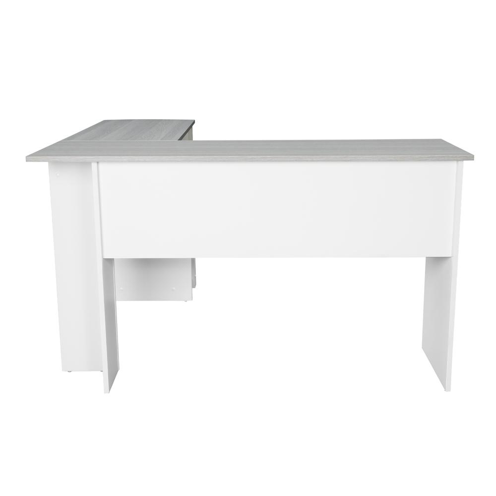 Techni Mobili modern grey L-shaped desk with side shelves, featuring a spacious workspace and storage compartments.