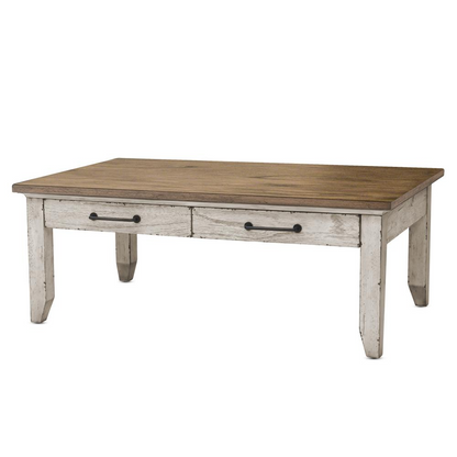 Start2Finish Bear Creek cocktail table with a sleek wooden top and metal legs, modern design, and compact size for living spaces.
