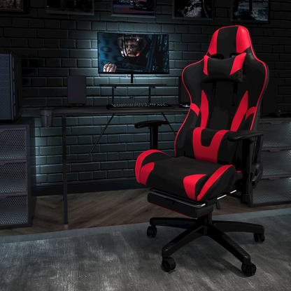 Start2Finish black gaming desk and red/black gaming chair with footrest, ergonomic setup for gaming and office use.