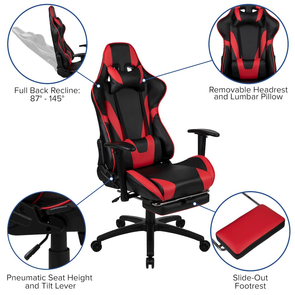Start2Finish black gaming desk with red and black footrest gaming chair set, featuring ergonomic design and sturdy construction.