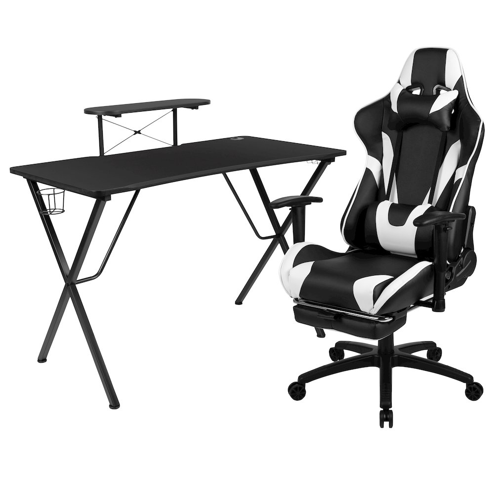 Start2Finish black gaming desk and reclining gaming chair set with black footrest, ideal for gaming and work setups.