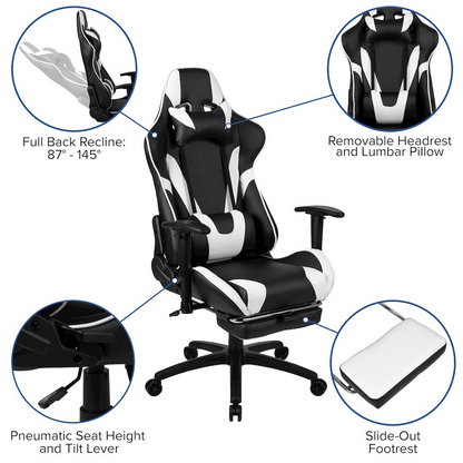 Start2Finish black gaming desk and recliner gaming chair set with black footrest, ideal for gaming and office comfort.