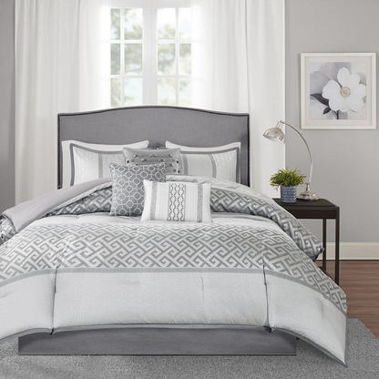 Start2Finish Bennett 7-piece grey comforter set with matching pillow shams and sheets, showcasing plush bedding and coordinated design.