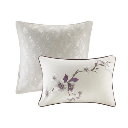 Start2Finish Holly 8-piece cotton comforter set with purple and taupe bedding, featuring floral patterns and matching pillow shams.