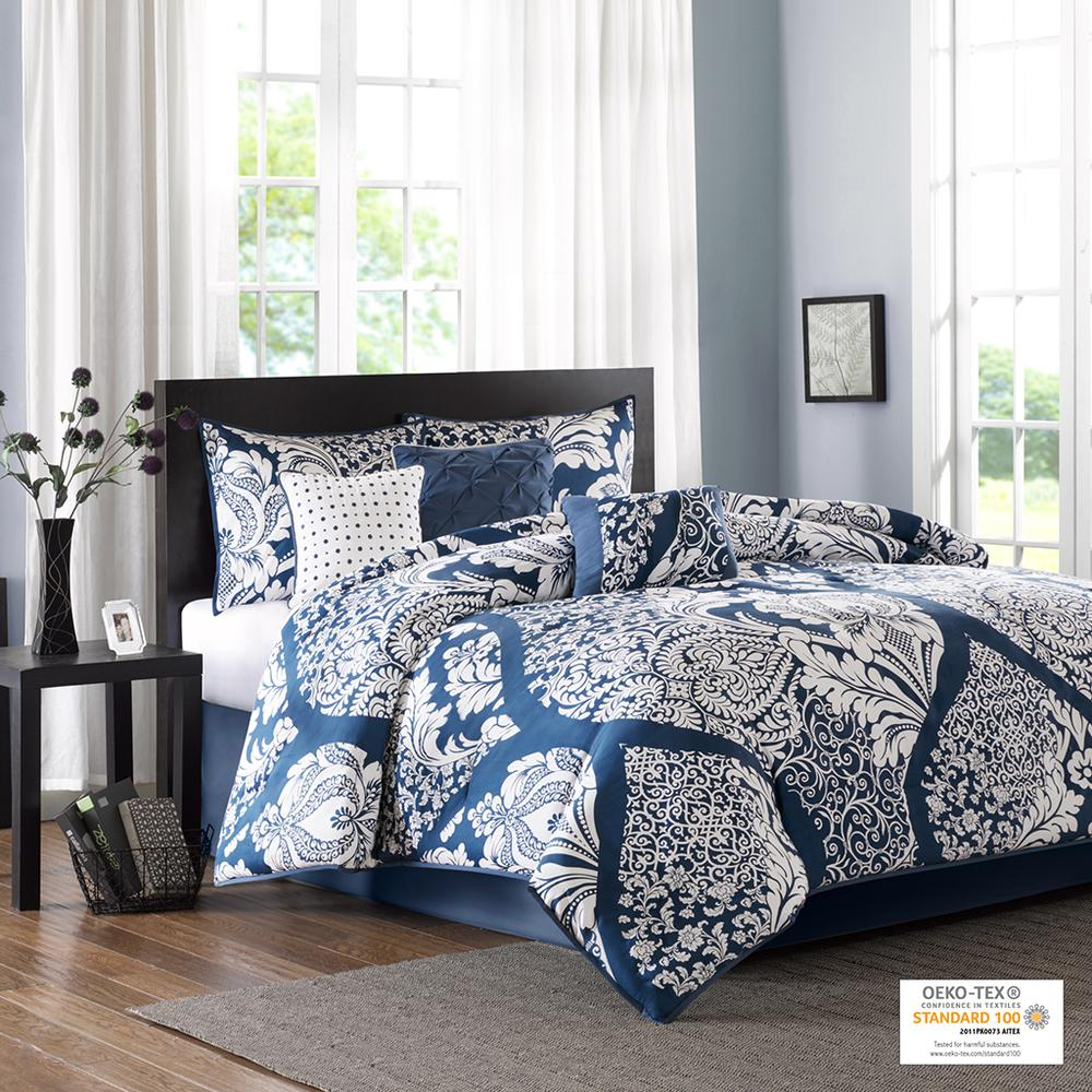 Vienna 7-piece cotton printed comforter set in indigo, featuring floral patterns and matching pillow shams by Start2Finish.