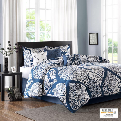 Vienna 7-piece cotton printed comforter set in indigo, featuring floral patterns and matching pillow shams by Start2Finish.