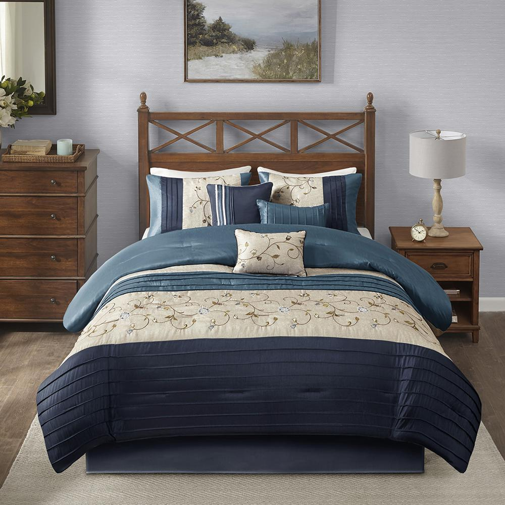 Start2Finish Serene Embroidered Navy 7-Piece Comforter Set with intricate embroidery on soft fabric, includes comforter and matching accessories.