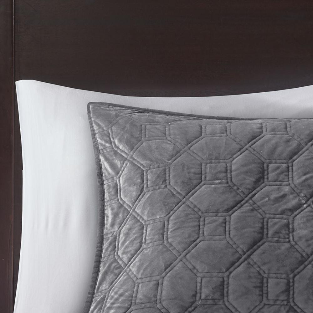 Harper 3-piece velvet quilt set in grey by Start2Finish, featuring a plush quilt and matching pillow shams on a bed.