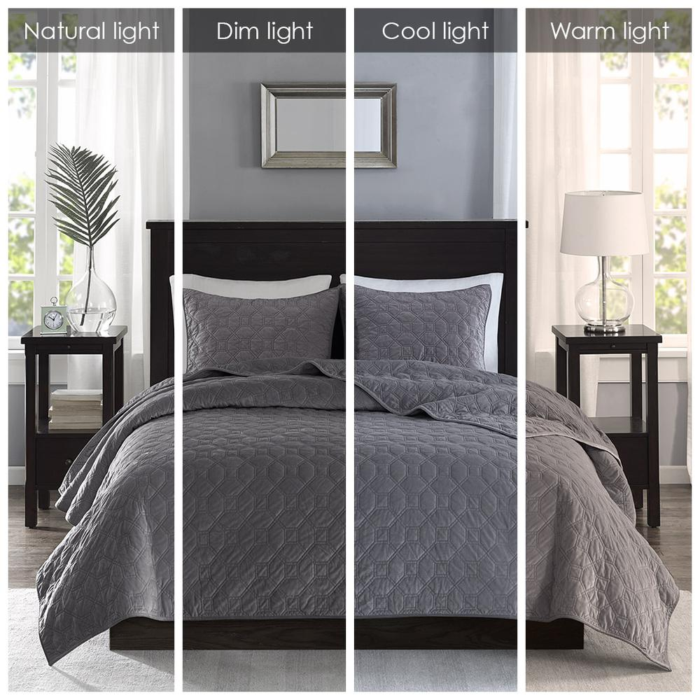 Start2Finish Harper 3-piece velvet quilt set in grey with matching pillow shams, soft and luxurious bedding ensemble.