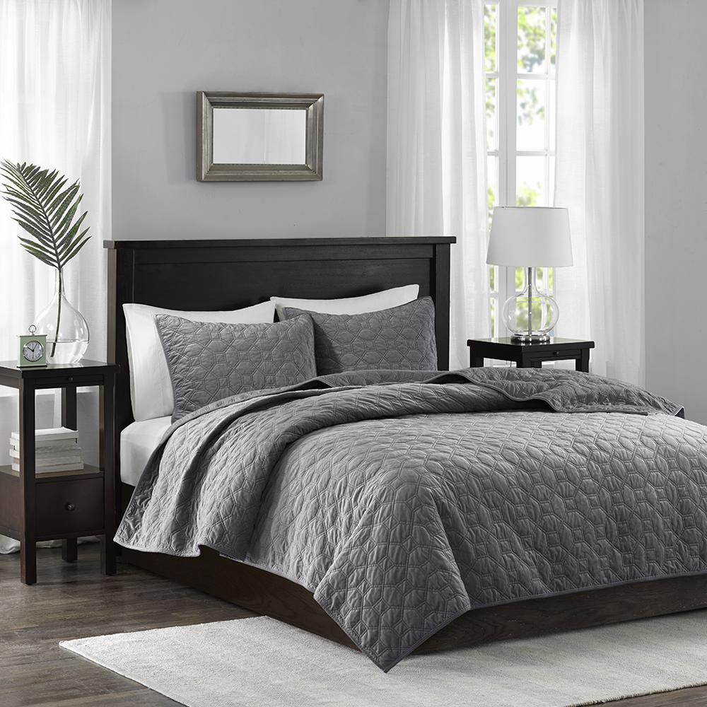 Start2Finish Harper 3-piece velvet quilt set in grey with matching pillow shams for a luxurious bedroom decor.