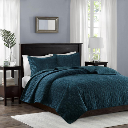 Start2Finish Harper 3-piece teal velvet quilt set with plush fabric and matching pillow shams on a bed.