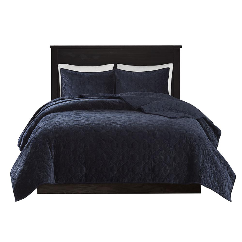 Harper 3-piece velvet quilt set by Start2Finish in navy, showing plush quilt and matching pillow shams on a bed.