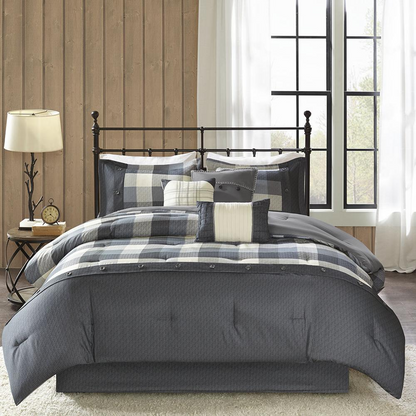 Start2Finish Ridge 7-piece grey herringbone comforter set with matching pillow shams on a bed, showcasing its stylish design.