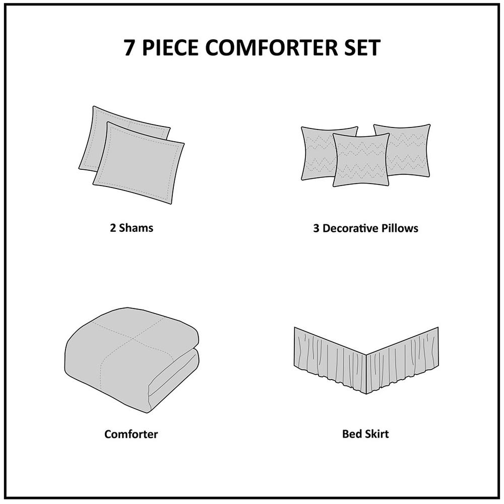 Start2Finish 7-piece Jacquard comforter set displayed with matching pillow shams and decorative throw pillows in elegant design.