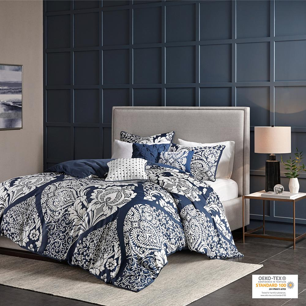 Vienna 6-piece printed duvet cover set by Start2Finish in indigo with floral and geometric patterns on soft fabric.