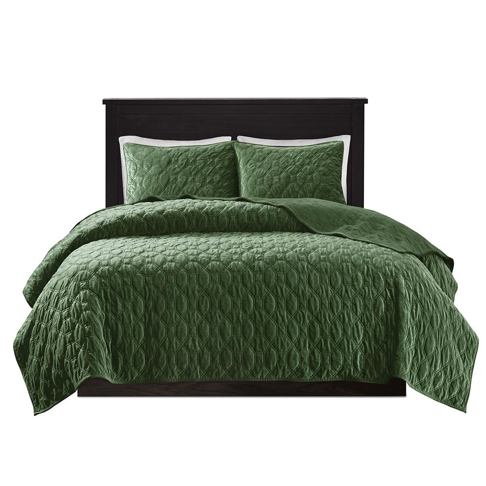 Start2Finish Harper 3-piece velvet quilt set in green, featuring a soft, luxurious fabric and coordinating pillow shams.