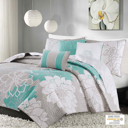 Start2Finish 6-piece printed cotton quilt set with matching throw pillows, featuring colorful design and soft fabric for cozy bedding.