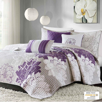 Start2Finish 6-piece printed cotton quilt set with matching throw pillows, featuring colorful floral patterns on a cozy bed.