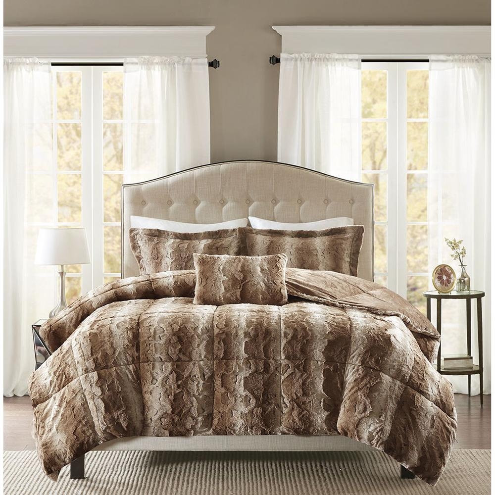 Start2Finish 4-piece faux fur comforter set with plush, soft bedding in neutral tones, featuring cozy faux fur fabric and decorative pillows.