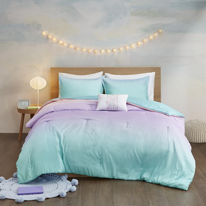 Reversible comforter set with metallic glitter print, featuring shiny, colorful designs on soft fabric from Start2Finish.