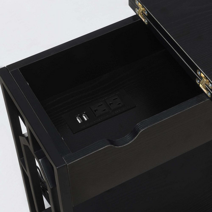 Start2Finish Omega flip top end table with built-in charging station, featuring a modern design and convenient hidden power outlets.