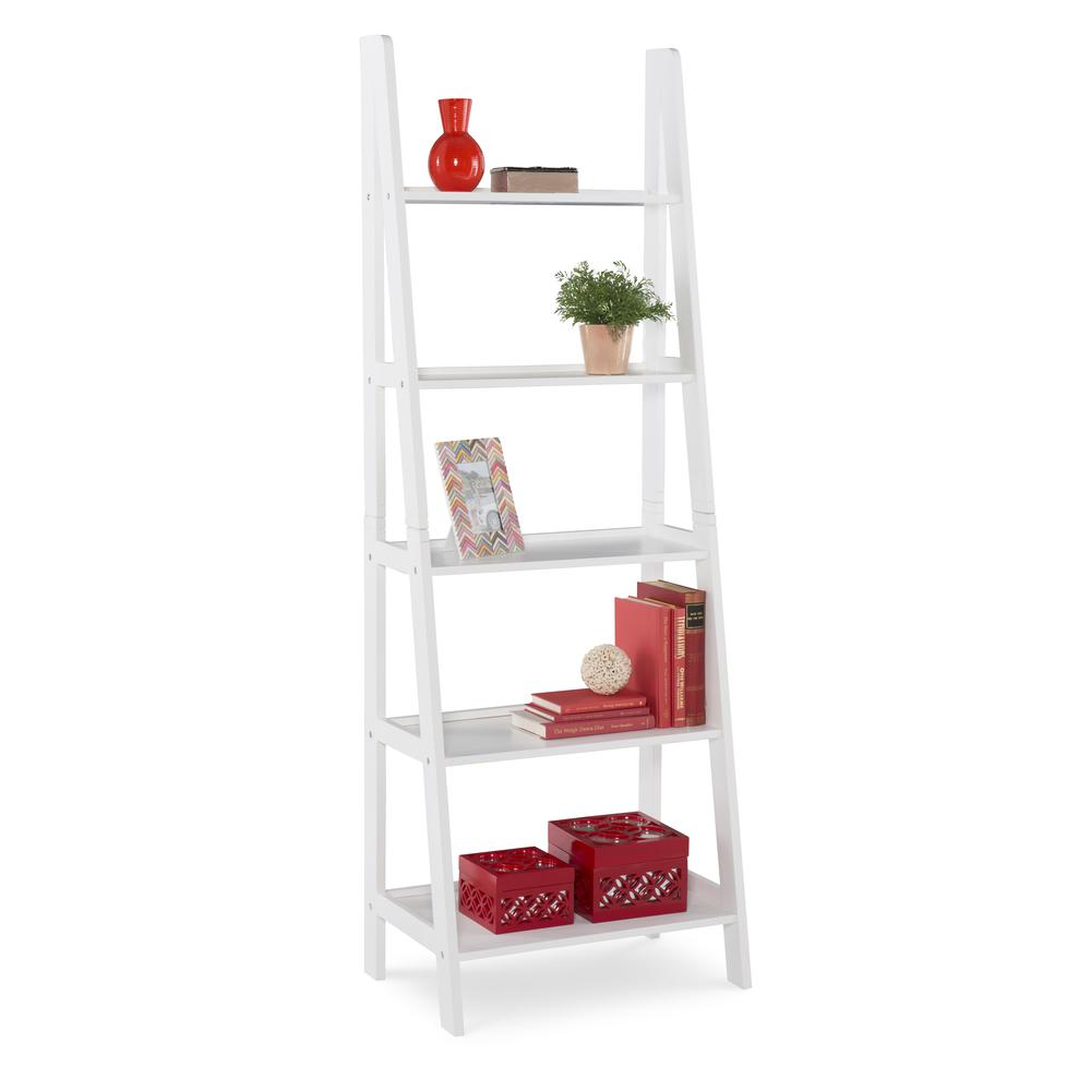 White Acadia Ladder Bookshelf by Start2Finish, showing a modern, multi-tiered wooden bookcase with open shelves and a ladder design.