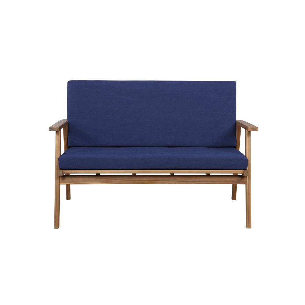 Start2Finish Cole outdoor 4-piece chat set with blue cushions, featuring four chairs and a central table for patio lounging.