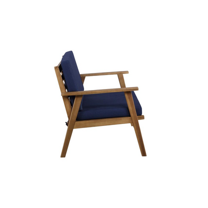 Start2Finish Cole outdoor 4-piece chat set with blue cushions, including sofa and armchairs on a patio.