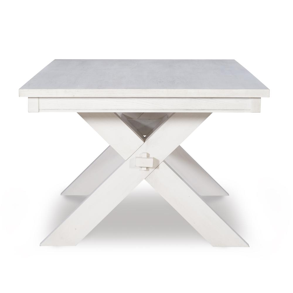Distressed white dining table by Start2Finish, showing a wooden table with a rustic finish and sturdy legs for dining room use.