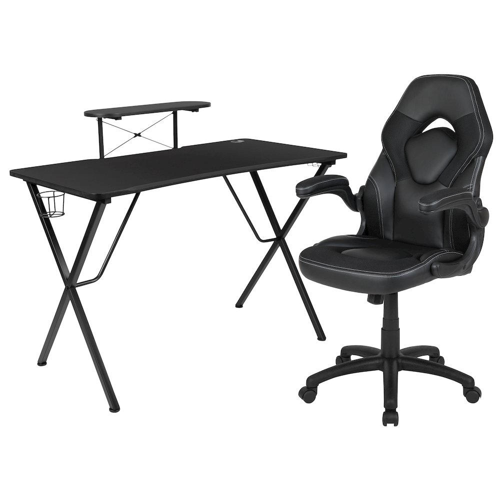 Black gaming desk and racing chair set by Start2Finish, featuring a sleek black surface and ergonomic racing-style chair.