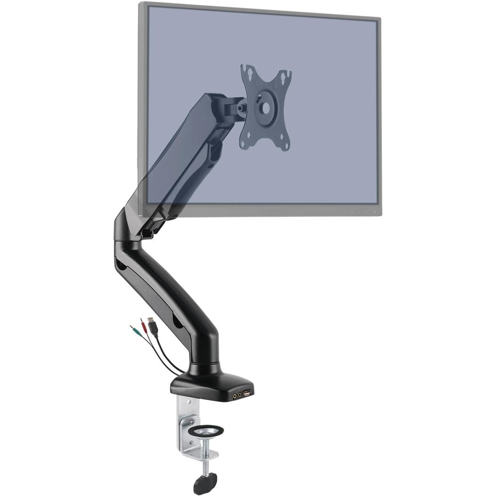 Black Lorell monitor mounting arm, height adjustable for one display, supports 14.3 lbs, compatible with 75x75 and 100x100 VESA mounts.