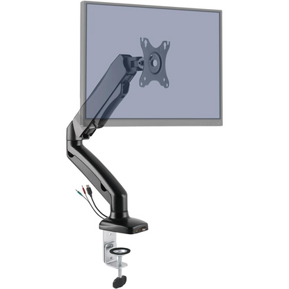 Black Lorell monitor mounting arm, height adjustable for one display, supports 14.3 lbs, compatible with 75x75 and 100x100 VESA mounts.