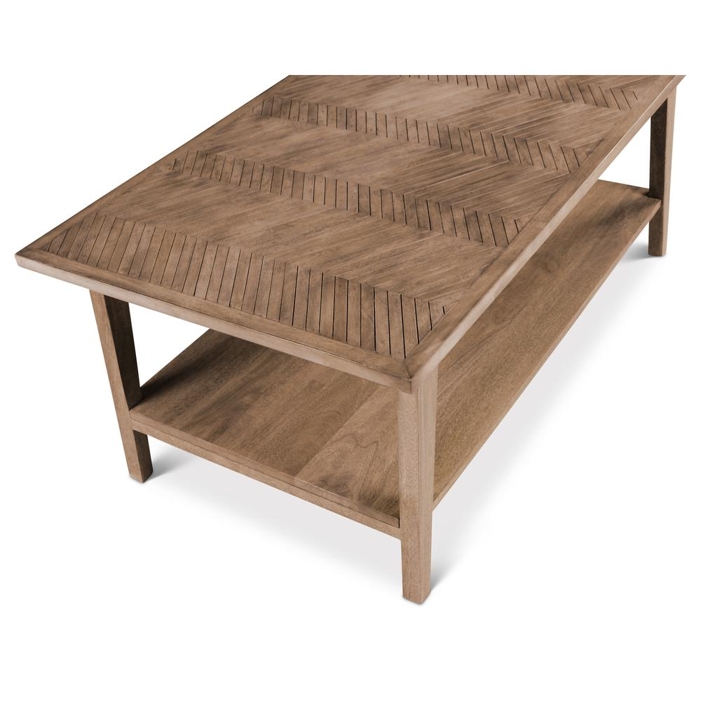 Milani rectangle cocktail table by Start2Finish with a sleek wooden surface and modern design, shown from a side angle.