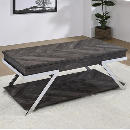 Start2Finish Roma Lift Top Cocktail Table with open storage and sleek wood finish, showcasing its modern design and functional features.