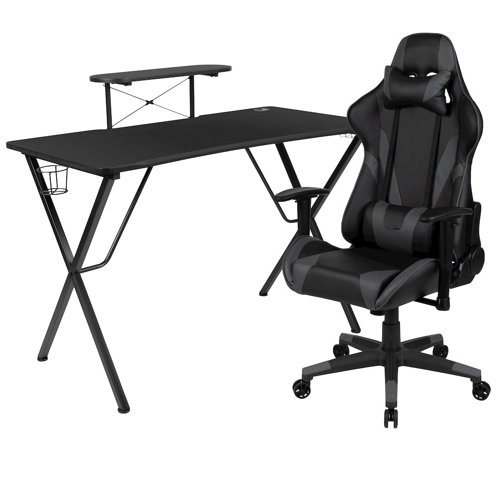 Start2Finish black gaming desk and gray reclining gaming chair set, featuring modern design and ergonomic features for gaming setup.